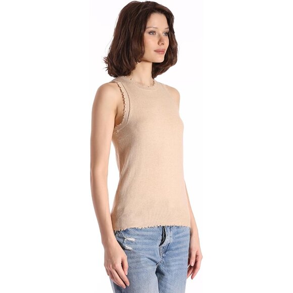 Women's Cotton Cashmere Frayed Crew Neck Tank Top Small Casual Edgy Versatile - Picture 2 of 3